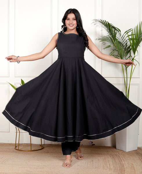 Elegant Black Cotton Flared Kurta with Printed Dupatta